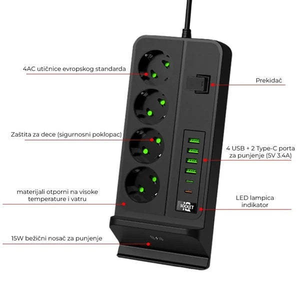 Multifunkcionalni Produzni Kabl Sa USB portovima i bežičnim punjačem
