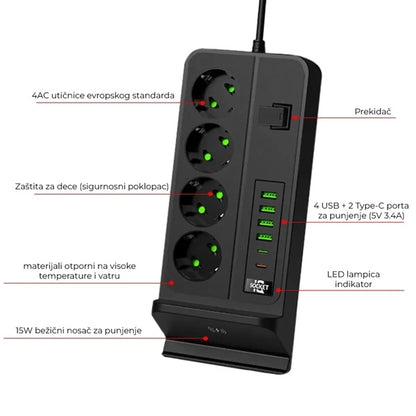 Multifunkcionalni Produzni Kabl Sa USB portovima i bežičnim punjačem