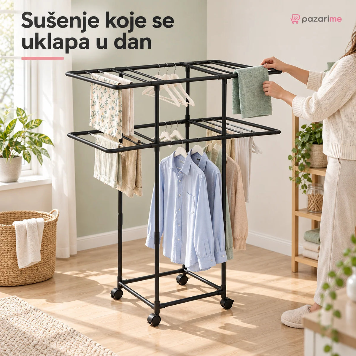 Sklopivi metalni stalak za veš na točkićima – 2 nivoa | Pazarime