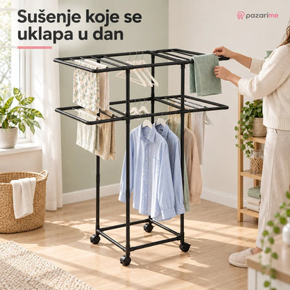 Sklopivi metalni stalak za veš na točkićima – 2 nivoa | Pazarime