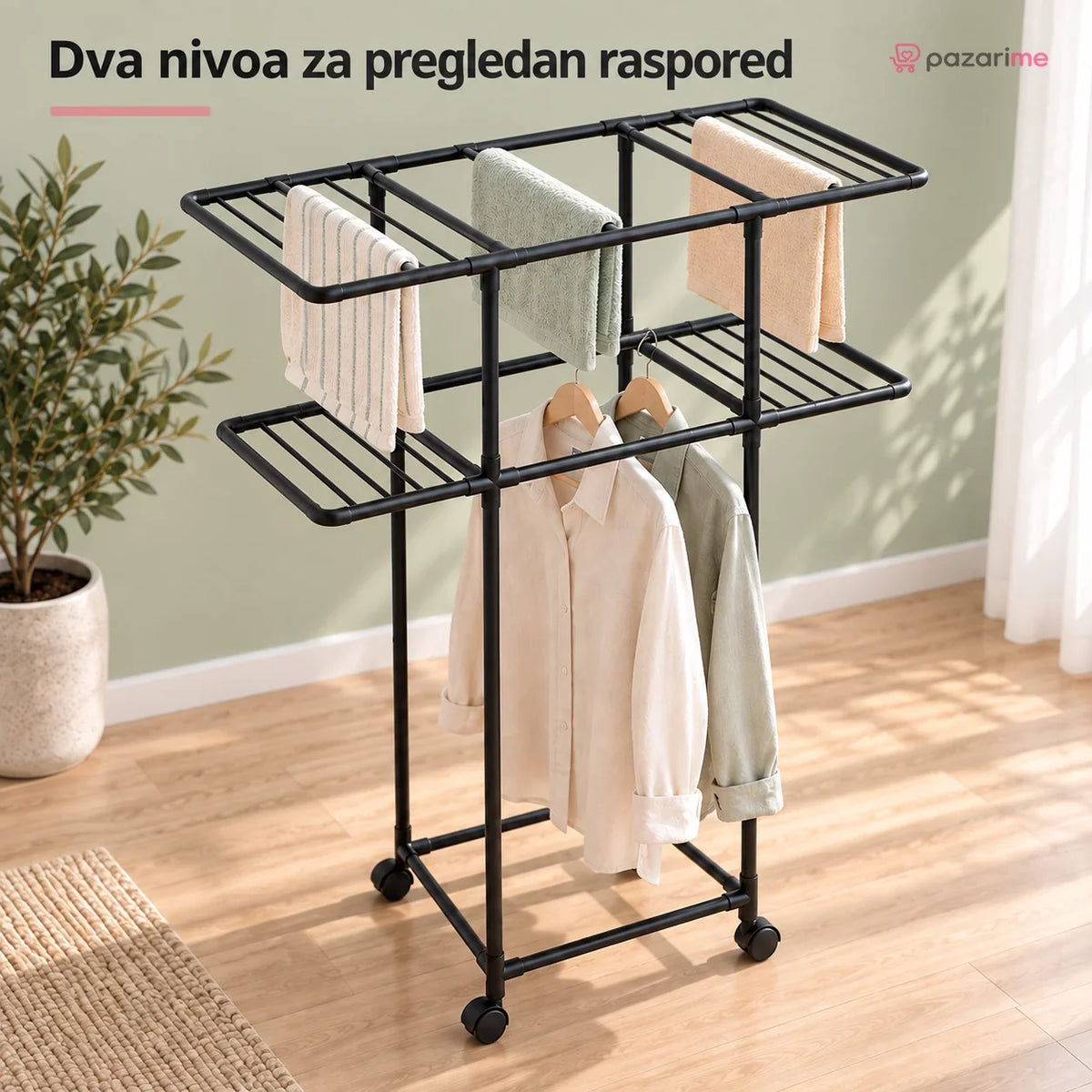 Sklopivi metalni stalak za veš na točkićima – 2 nivoa | Pazarime
