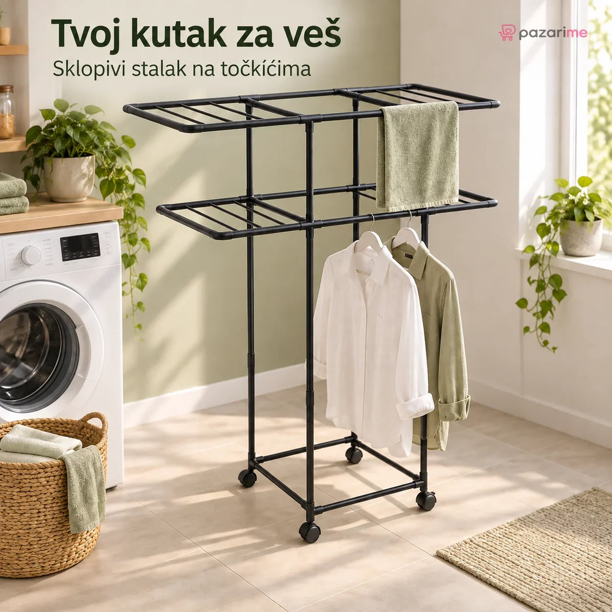 Sklopivi metalni stalak za veš na točkićima – 2 nivoa | Pazarime