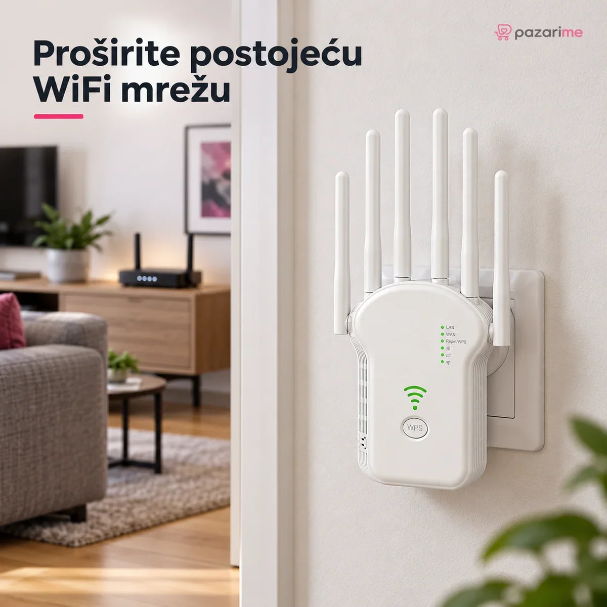 WiFi pojačivač signala 1200 Mbps — Dual Band, 6 antena | Pazarime