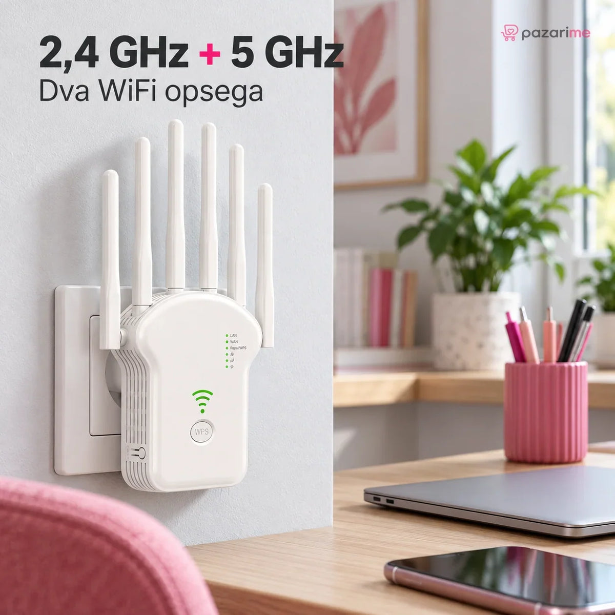 WiFi pojačivač signala 1200 Mbps — Dual Band, 6 antena | Pazarime